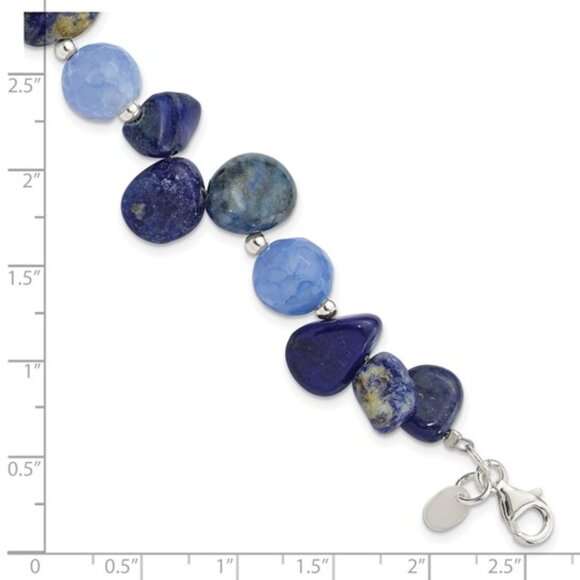 925 Sterling Silver Agate with Shell, Lapis and Sodalite Bracelet w 1 inch ext. - Picture 2 of 6